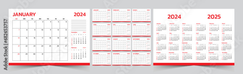 Monthly calendar template for 2024 year. The Week start on Sunday. Desk calendar 2024 design, simple and clean design, Wall calendar for print, digital calendar, Corporate design planner template.