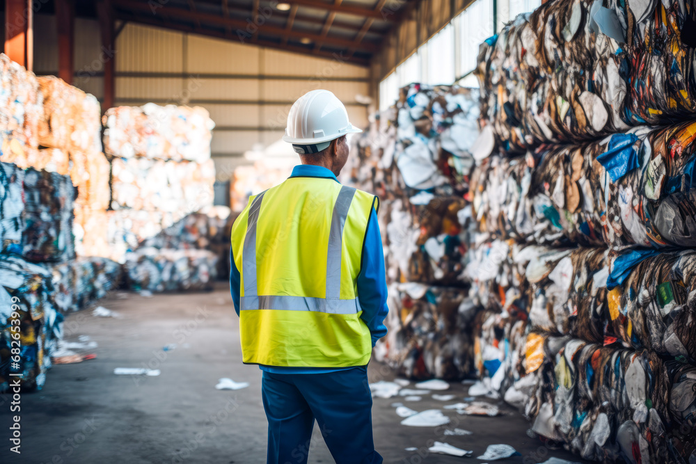 Male African American recycling worker looking at large piles materials at a recycling center. Concept of environmental awareness and recycling Male African American recycling worker looking at large piles materials at a recycling center. Concept of environmental awareness and recycling