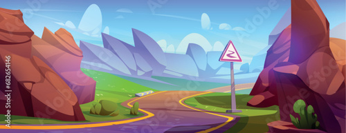 Empty winding road in mountains with green grass, traffic sign and clouds on sunny sky. Cartoon vector illustration of summer day landscape with rocky hills and asphalt highway for travel concept.