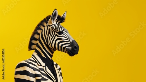A profile side view of an odd guy wearing a zebra mask appears to be in an empty space, advertising an animal festival, isolated over a yellow backdrop. © Muqeet 