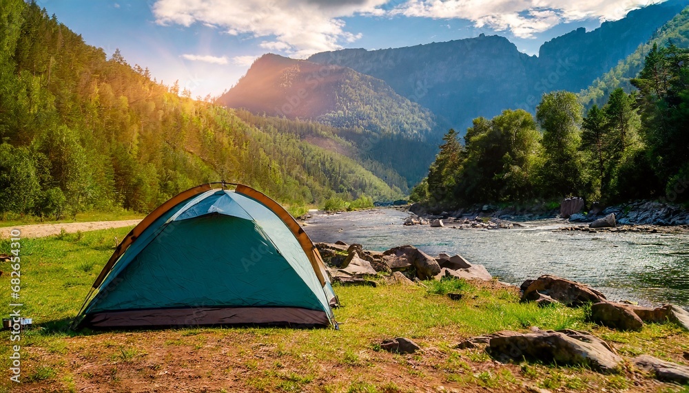 Amazing mountain landscape: Tent on the shore. small river meanders through green valley. sunny day perfect for hiking and exploring nature. travel and concept. ai generated. 