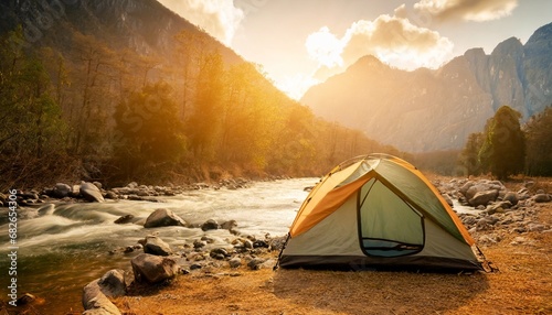 Amazing mountain landscape: Tent on the shore. small river meanders through green valley. sunset scenery with golden light. travel and concept. ai generated. 