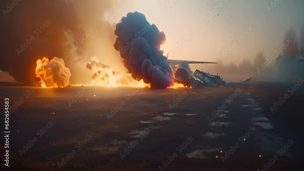 Dramatic aeroplane accident. Crashed and burnt air plane. AI generative.