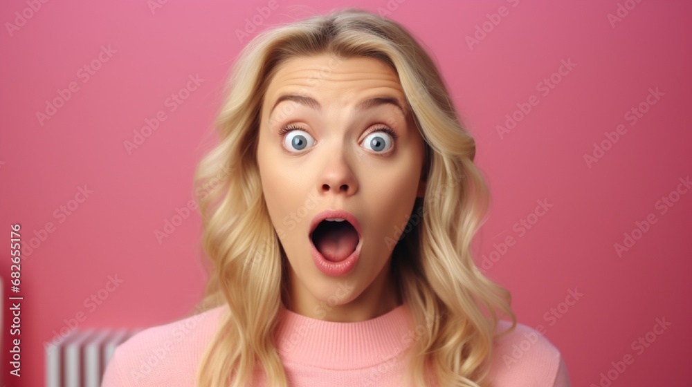 Astonished and joyful, the young blonde realizes she's won, gets amazing news, smiles broadly and looks amazed at the camera while standing against a pink background, feeling fortunate and positive.