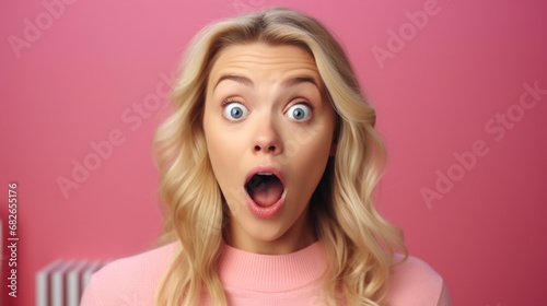 Astonished and joyful, the young blonde realizes she's won, gets amazing news, smiles broadly and looks amazed at the camera while standing against a pink background, feeling fortunate and positive.