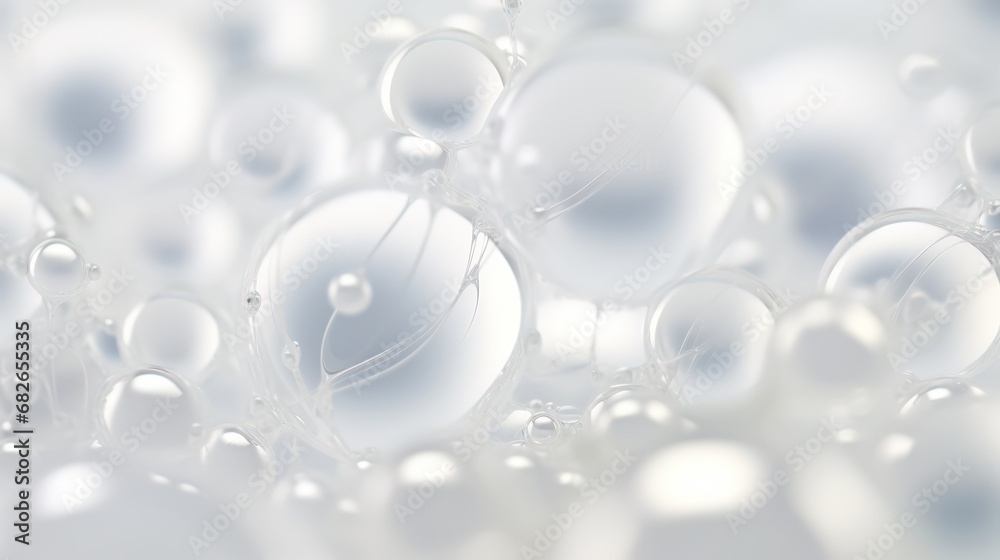 Close-up of transparent white liquid drops, colorful bubbles, and molecules