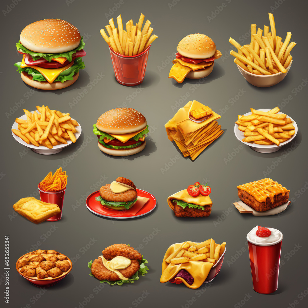 Fast food 3D cartoon illustration: French fries, burger. Fast food 3D cartoon illustration: French fries, burger.