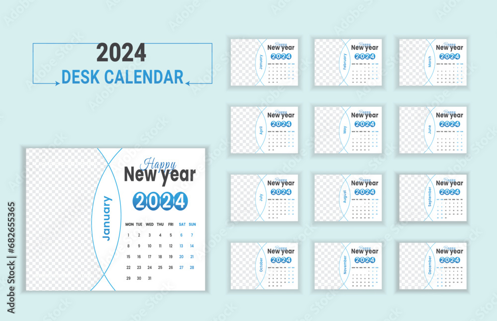 Full Editable calendar for 2024,  week start Sunday corporate design planner template. vector file
