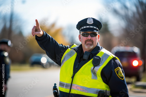 Male police officer directing traffic, trying to ease the congestion in a rush hour