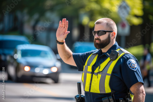 Male police officer directing traffic, trying to ease the congestion in a rush hour