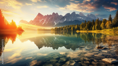 Impressive summer sunrise on Eibsee lake with Zugspitze with beauiful sunset
