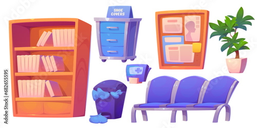 Hospital lobby interior furniture set isolated on white background. Vector cartoon illustration of chairs for clinic corridor, folders with medical records on shelf, shoe covers in drawer, info board