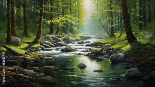 river in the spring forest under the sunlight