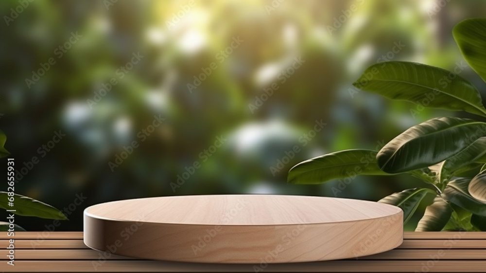 Wooden product display podium with blurred nature with beautiful spot