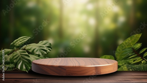 Wooden product display podium with blurred nature with beautiful blurred background