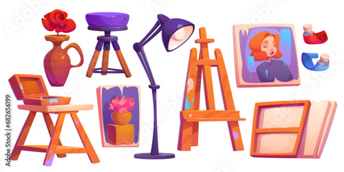 Art studio design elements set isolated on white background. Vector cartoon illustration of portrait and still-life paintings on canvas, wooden easel, stool and lamp, flower in vase, artist workshop