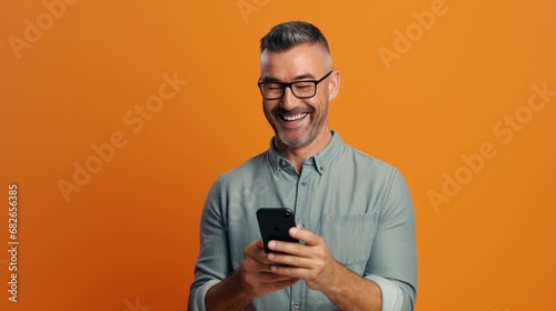  man wearing glasses and a denim shirt gestures at his smartphone, which has a blank white screen for texting, while standing in front of an isolated orange backdrop and grinning. © Muqeet 