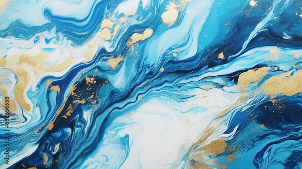 Abstract Hand painted background with mixed liquid blue and gold