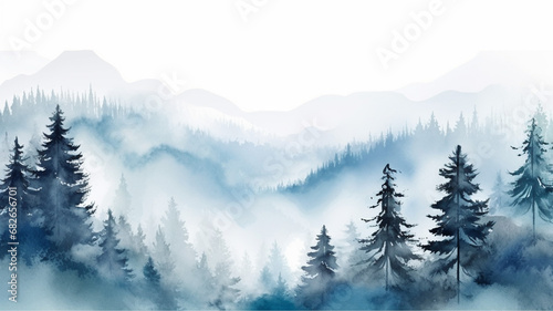 Watercolor Blue winter landscape of foggy forest hill design illustration © BornHappy