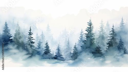 Watercolor Blue winter landscape of foggy forest hill illustration