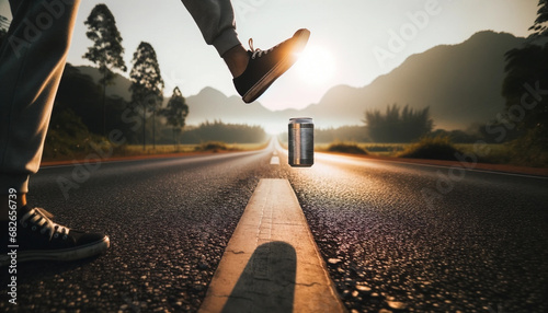 An image of a sunlit road stretching into the horizon. In the foreground, a metallic can is mid-air, having been just kicked by a person's foot - Generative AI photo