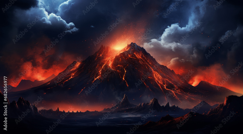 An apocalyptic volcanic eruption with lightning strikes on an otherworldly planet.