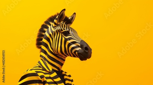 Full-length image of an unusual  real guy wearing a zebra mask and feeling shy  isolated against a bright yellow backdrop for a theme festival