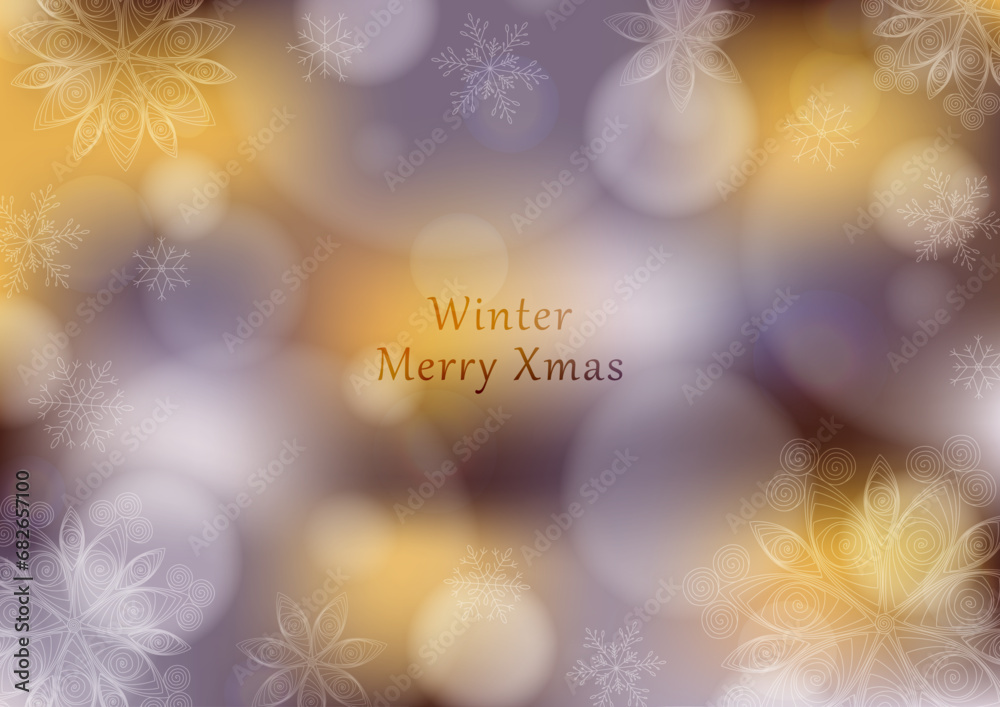 Merry Christmas background　ピンぼけのクリスマスの雪の結晶の背景フレーム