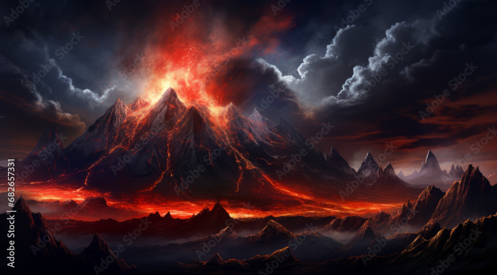 A fiery volcanic eruption on a stark alien landscape under a night sky.