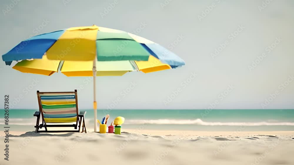 Sunny calm ocean sandy coast background with beach chair and big multicolored umbrella. Sea shore resort outdoor horizontal backdrop. AI generative.