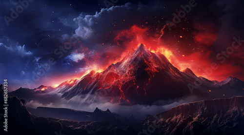 A fiery volcanic eruption on a stark alien landscape under a night sky.