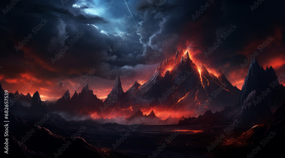 An apocalyptic volcanic eruption with lightning strikes on an otherworldly planet.