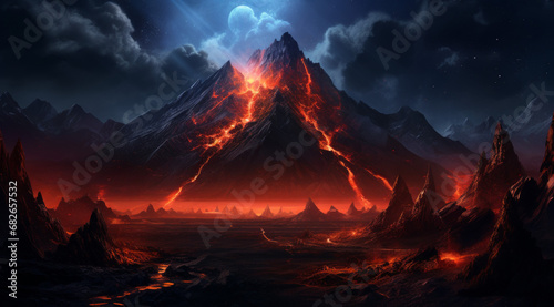 An apocalyptic volcanic eruption with lightning strikes on an otherworldly planet.