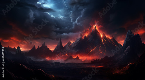 An apocalyptic volcanic eruption with lightning strikes on an otherworldly planet.