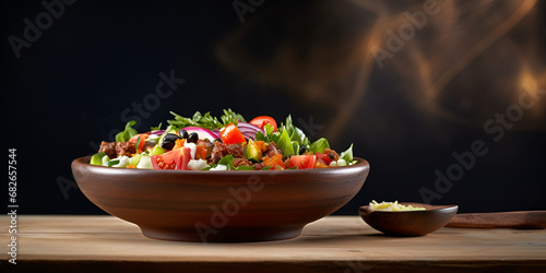 fresh salad in table on black background,Fresh Salad, Table Setting, Black Background, Healthy Eating, Vegetables, Food 