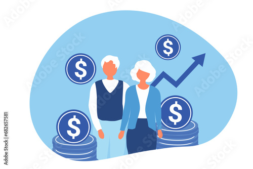 Happy senior couple sit on money stack with return on investment profit and retirement financial planning investment plan for elderly vector illustration