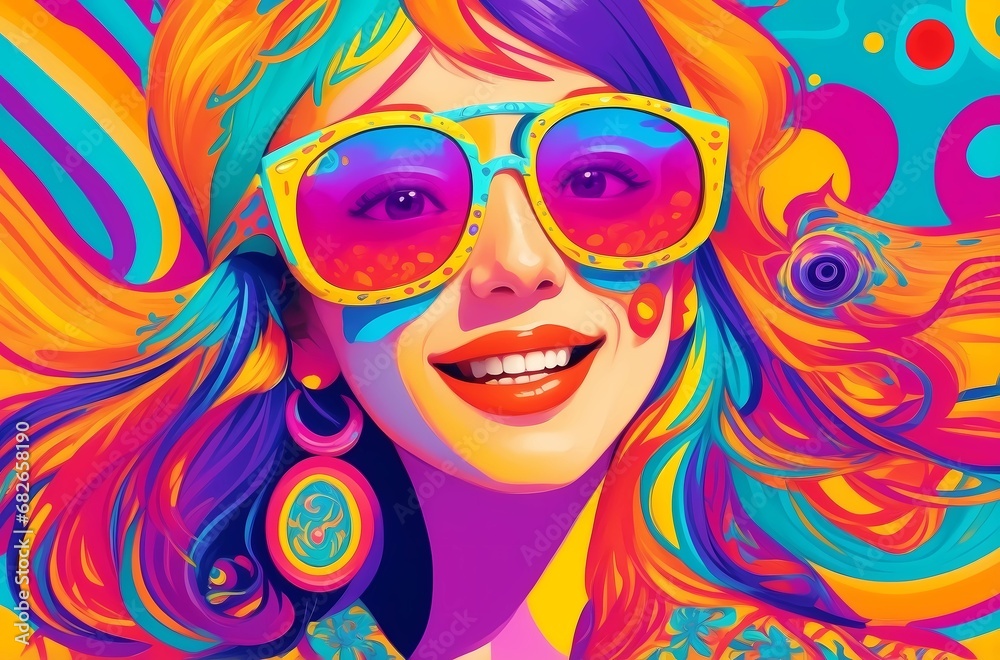 AI art bursts with vibrant colors, portraying a woman in sunglasses amidst psychedelic swirls.