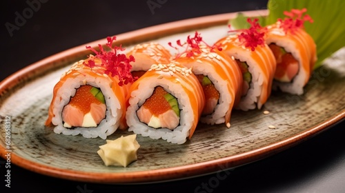 an image of a plate of spicy salmon rolls with a side of pickled radish