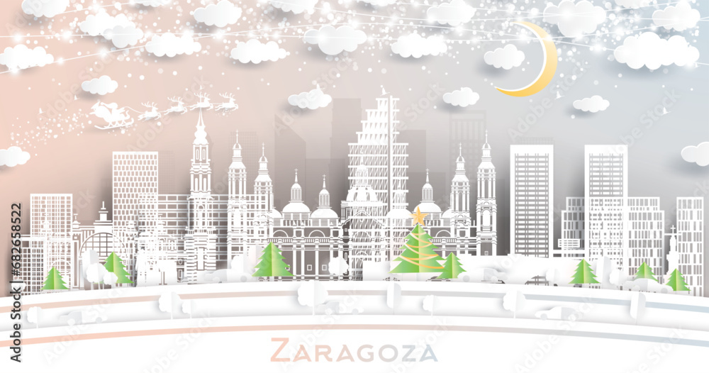 Zaragoza Spain. Winter city skyline in paper cut style with snowflakes, moon and neon garland. Christmas and new year concept. Santa Claus on sleigh. Zaragoza cityscape with landmarks.