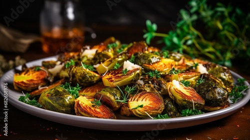 an image of a plate of roasted Brussels sprouts with crispy outer leaves