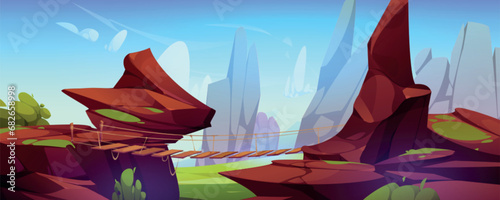Rocky cliff with hanging bridge with wooden plates and rope. Cartoon vector summer mountain landscape with suspension road over chasm. Precipice with dangerous walkway between brown stone edges.