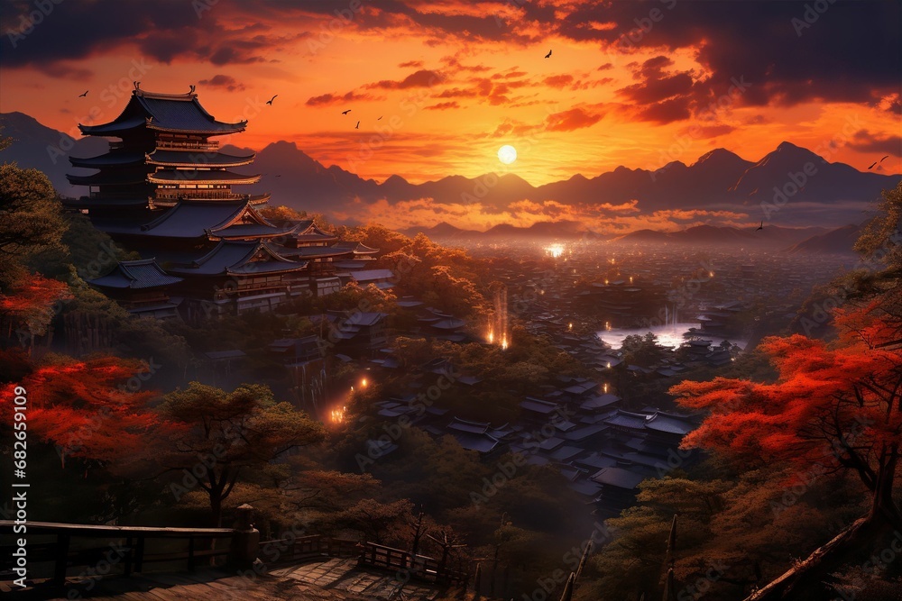 日本の京都風の夕焼けの町並み（京都・奈良・寺院・神社）	
