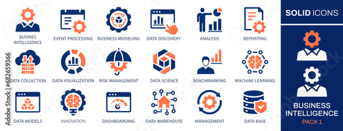 Set of business Intelligence icons, such as machine learning, data modeling, benchmark, risk management and more. Vector illustration. Easily changes to any color.