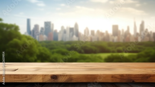 The empty wooden table top with blur background of city park skyline. Exuberant image. generative ai