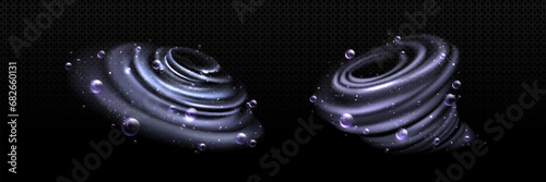 Water swirl with bubbles. Realistic vector set of vortex with detergent or soap foam balls. Liquid underwater spin whirlwind with shampoo blobs and transparent overlay effect on dark background. photo