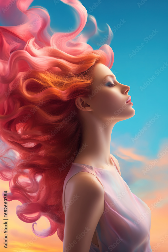 Cute and sensual young woman with flowing pink hairs, artistic summer portrait