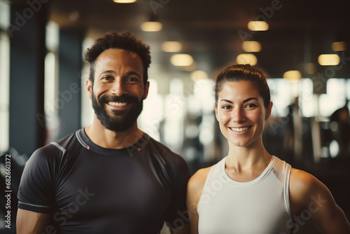 Joyful heterosexual couple at the the gym