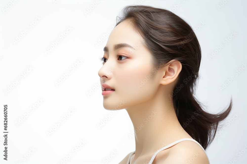 肌の綺麗な日本人女性の横顔(アジア人・白背景・背景なし) 肌の綺麗な日本人女性の横顔(アジア人・白背景・背景なし)