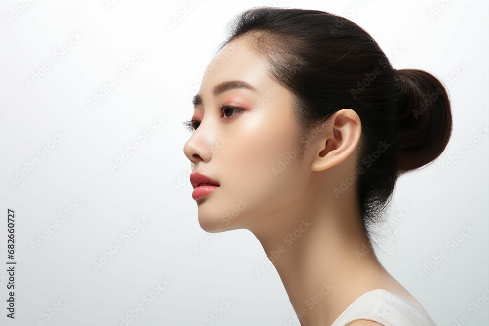 肌の綺麗な日本人女性の横顔(アジア人・白背景・背景なし) 肌の綺麗な日本人女性の横顔(アジア人・白背景・背景なし)