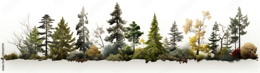 Tranquil Digital Painting of 14 Types of Trees and Bushes on a White Background